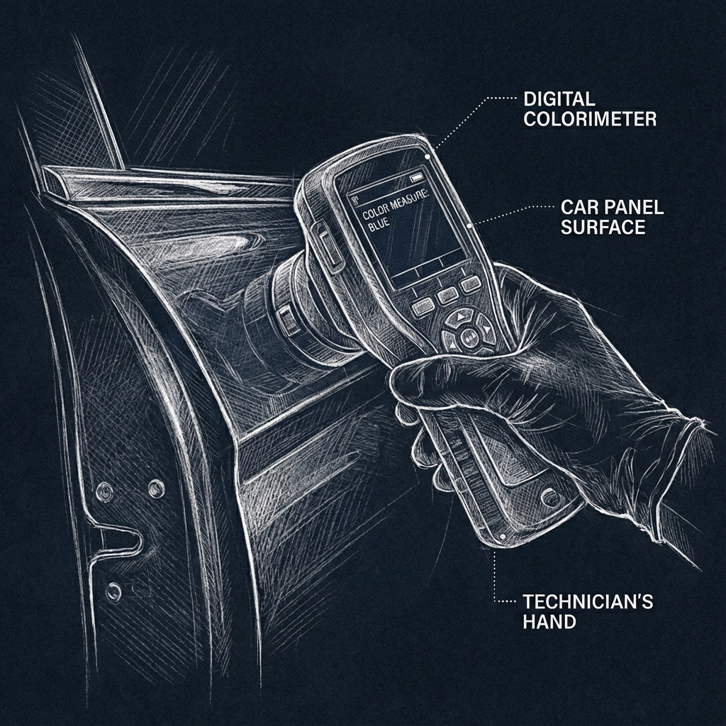 Technische schets van een digitale colorimeter die autolak meet