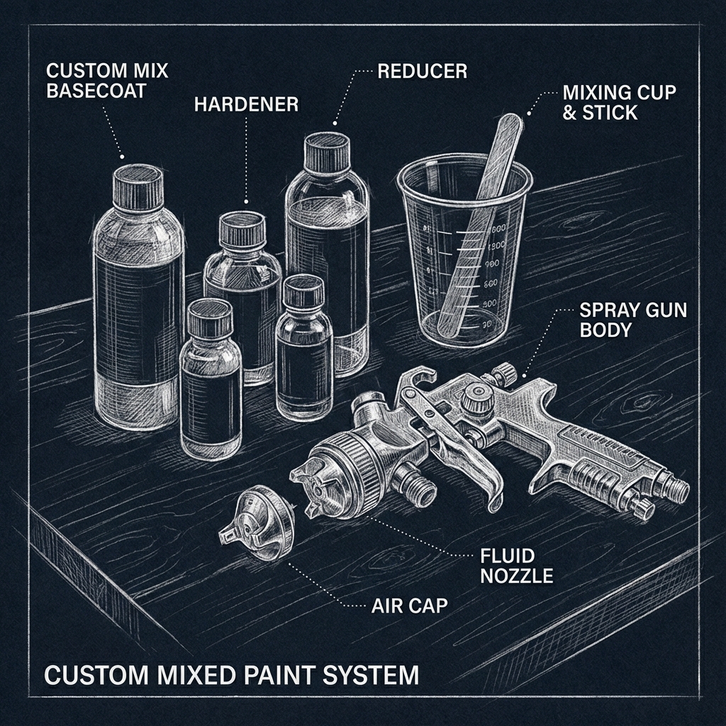 Technische schets van lakmengmaterialen en spuitpistool