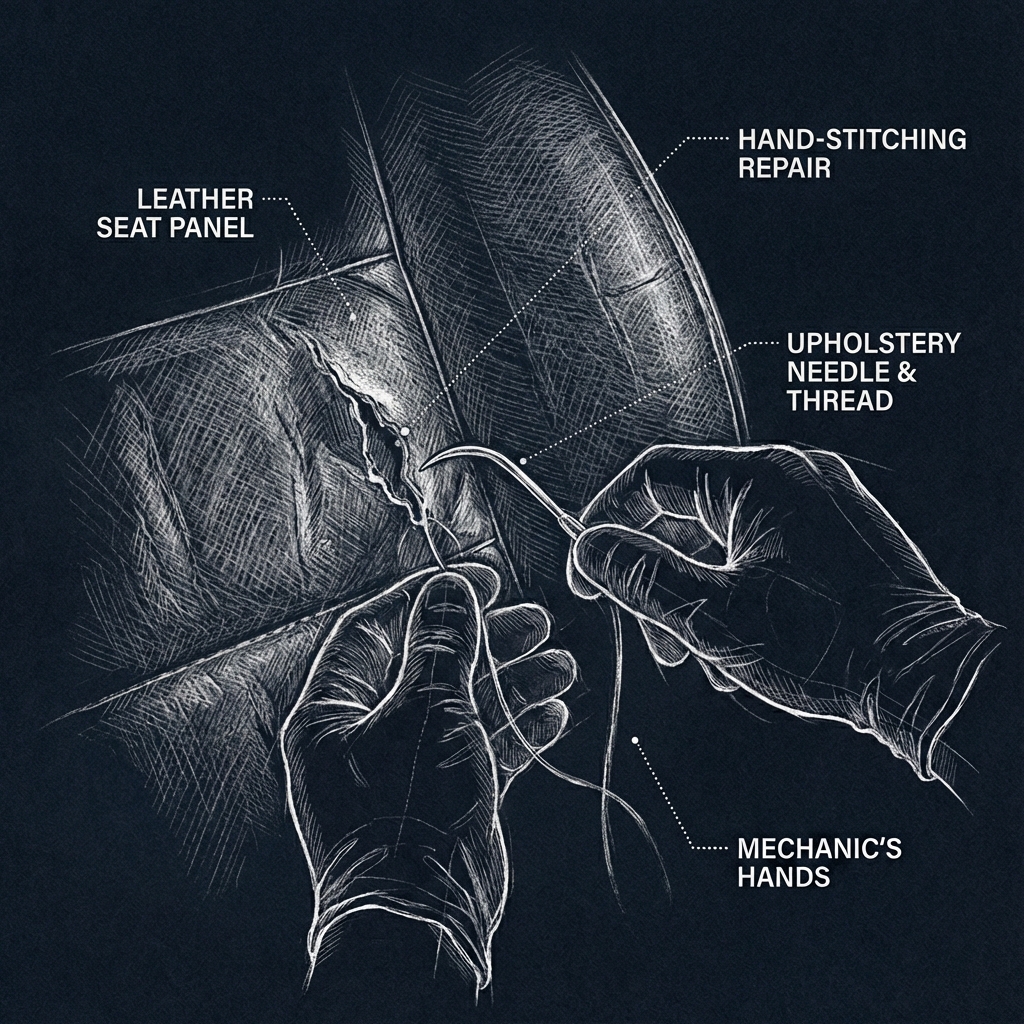 Technische schets van het stikken van een lederen autostoel