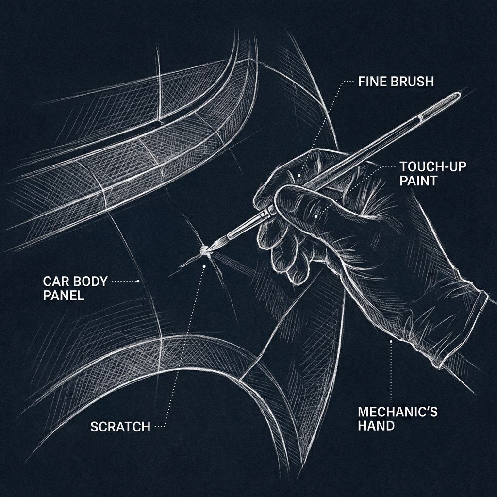 Technische schets van het bijwerken van een kras met touch-up lak